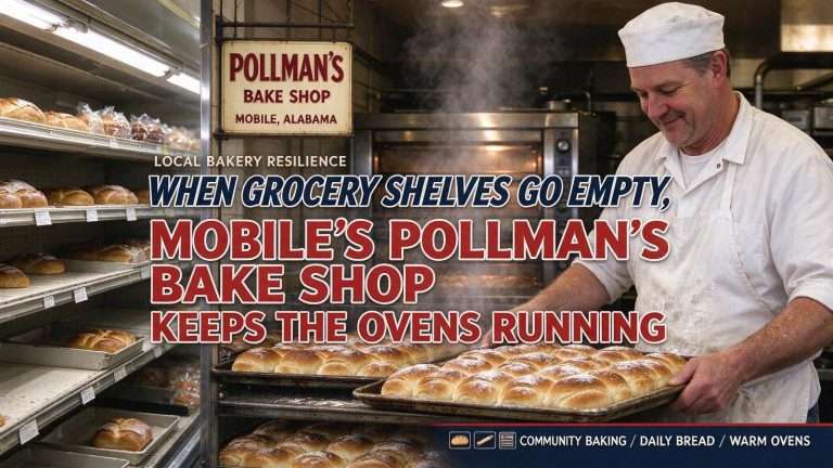 Illustration for the news story: When Grocery Shelves Go Empty, Mobile’s Pollman’s Bake Shop Keeps the Ovens Running