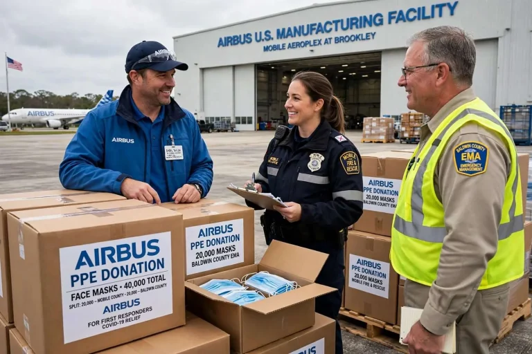 Illustration for the news story: Airbus Donates 40,000 Face Masks to First Responders in Mobile, Baldwin Counties