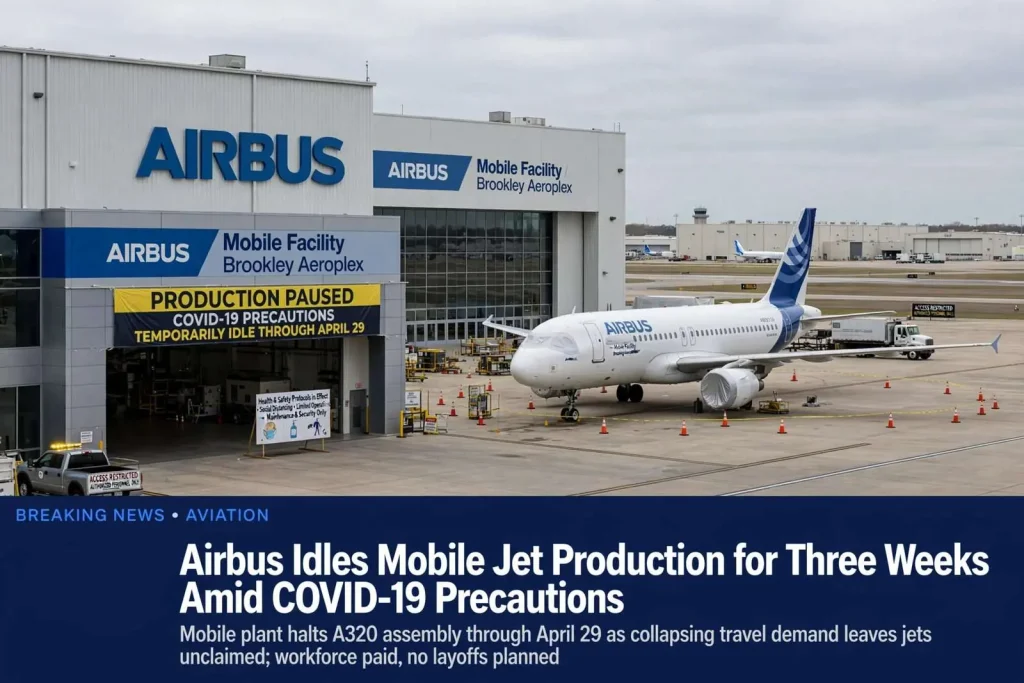 Illustration for the news story: Airbus Idles Mobile Jet Production for Three Weeks Amid COVID-19 Precautions