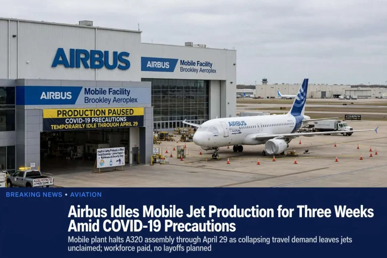 Illustration for the news story: Airbus Idles Mobile Jet Production for Three Weeks Amid COVID-19 Precautions