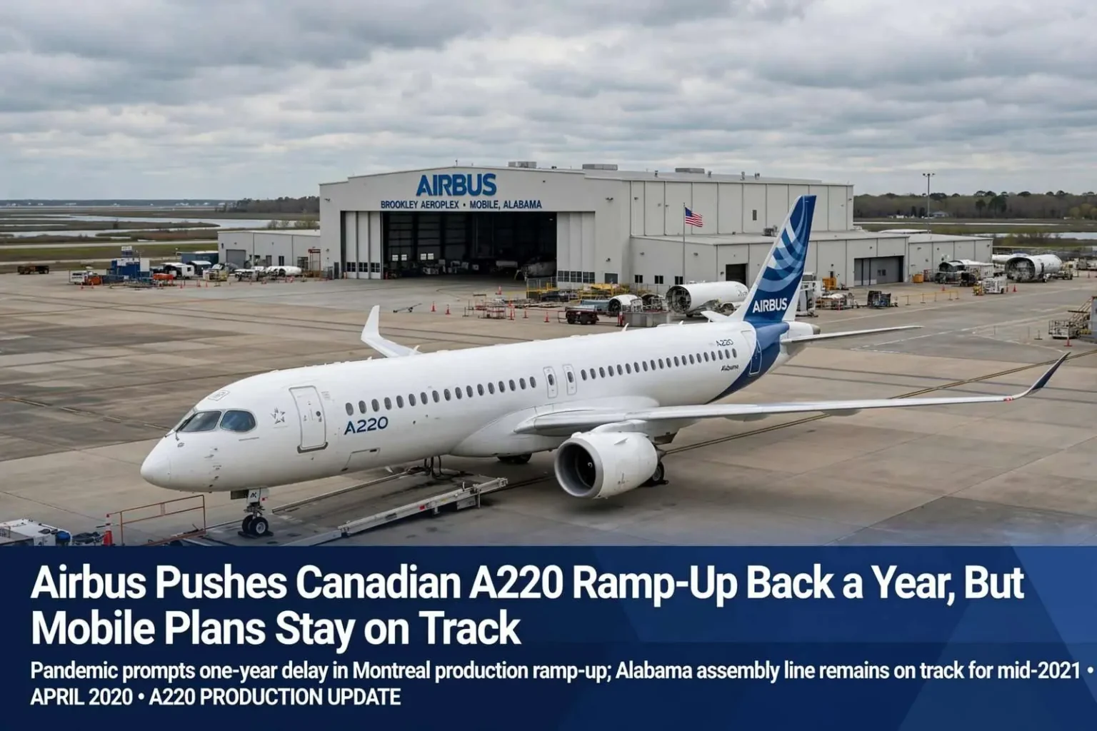 Illustration for the news story: Airbus Pushes Canadian A220 Ramp-Up Back a Year, But Mobile Plans Stay on Track
