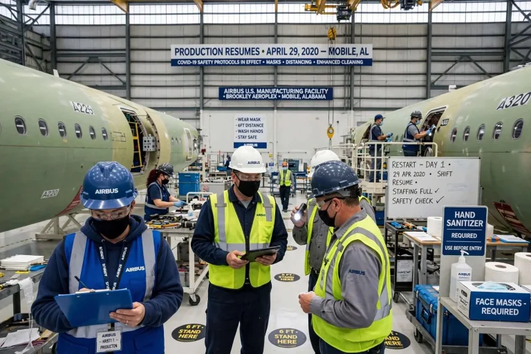 Illustration for the news story: Airbus Resumes Commercial Jet Production at Mobile Plant After COVID-19 Pause