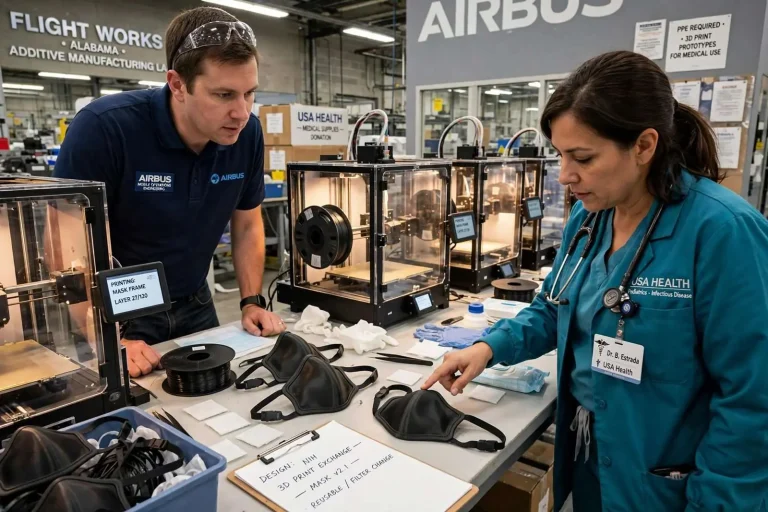 Illustration for the news story: Airbus, USA Health Team Up to 3D-Print Face Masks for Mobile Medical Workers
