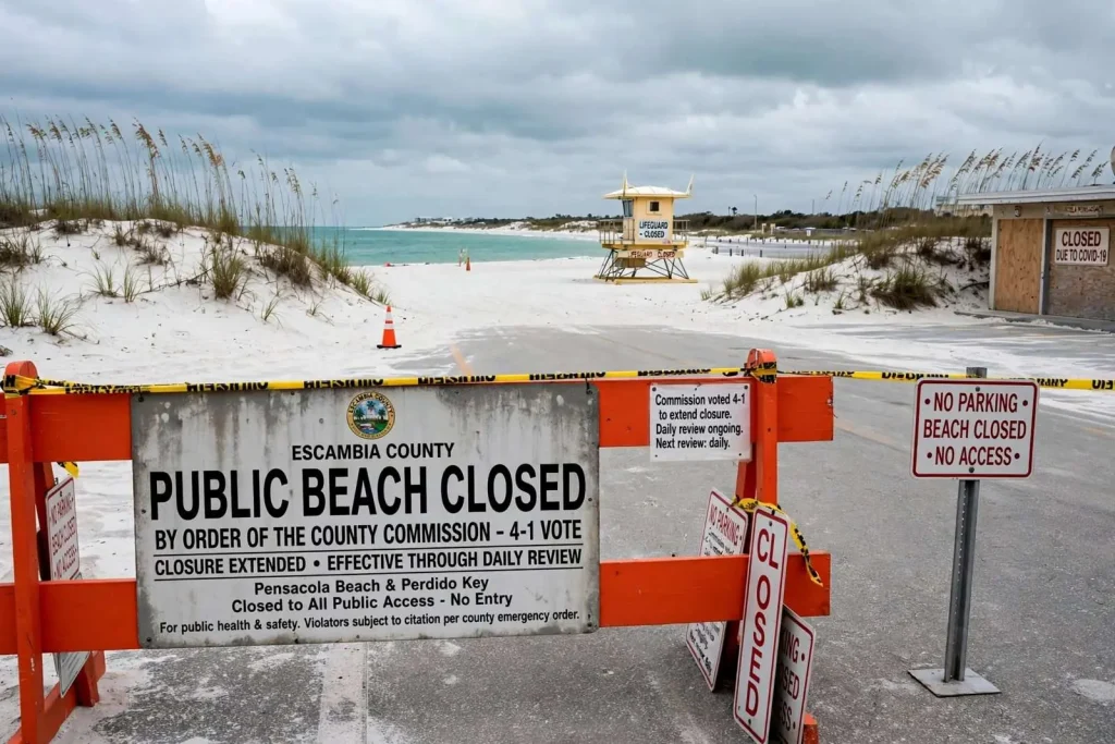 Illustration for the news story: Escambia County commission votes to keep public beaches closed