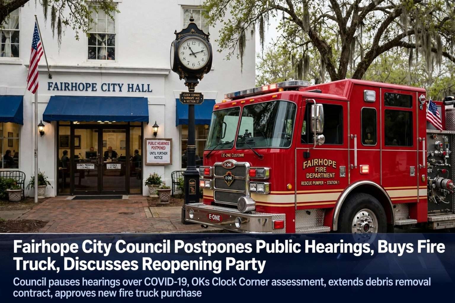 Illustration for the news story: Fairhope City Council Postpones Public Hearings, Buys Fire Truck, Discusses Reopening Party