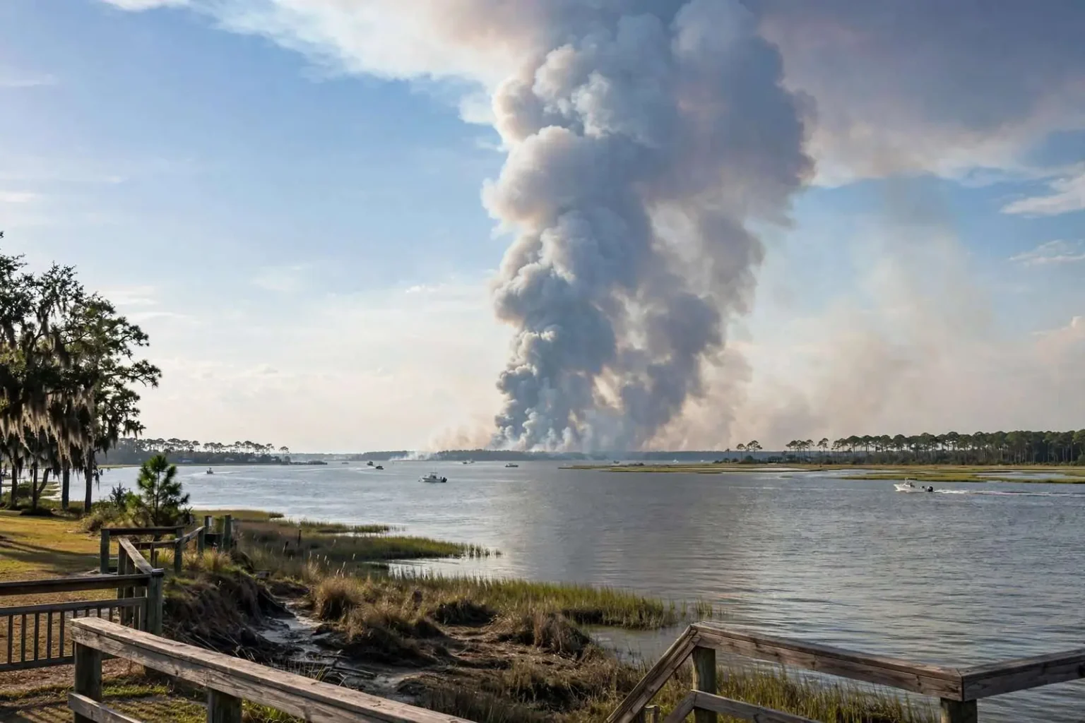Illustration for the news story: Large Brush Fire Sends Smoke Plume Over Mobile Bay Visible From Daphne