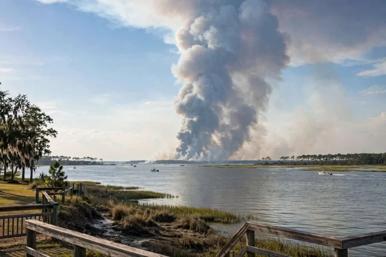 Illustration for the news story: Large Brush Fire Sends Smoke Plume Over Mobile Bay Visible From Daphne