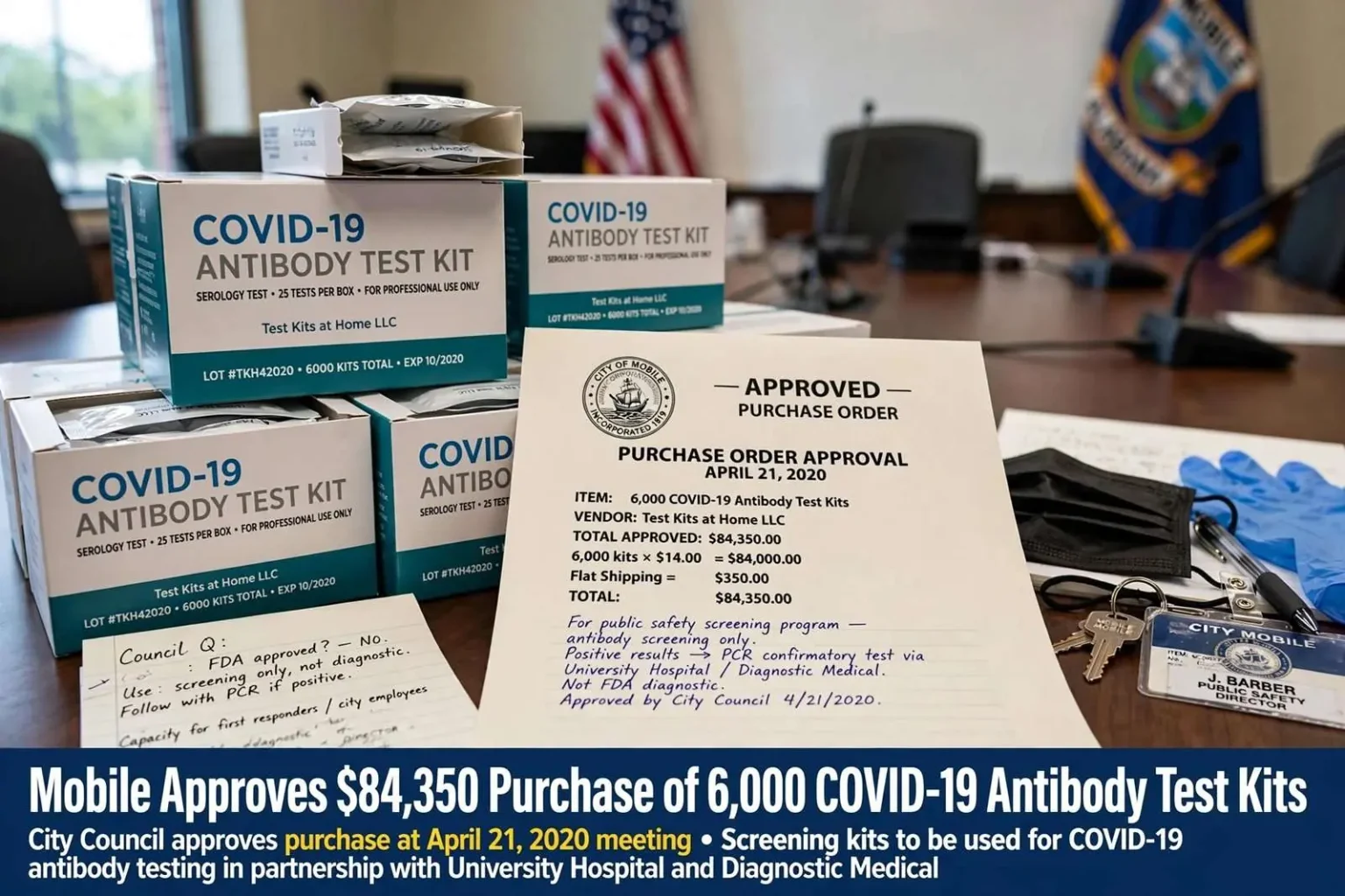 Illustration for the news story: Mobile Approves $84,350 Purchase of 6,000 COVID-19 Antibody Test Kits