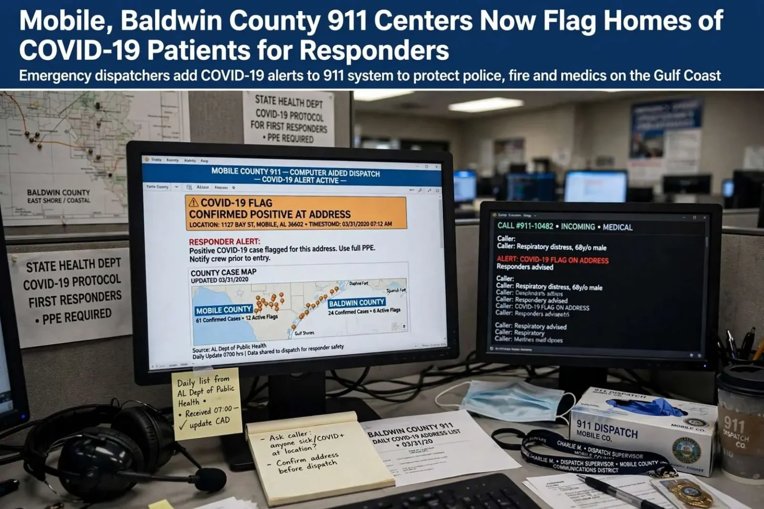 Illustration for the news story: Mobile, Baldwin County 911 Centers Now Flag Homes of COVID-19 Patients for Responders