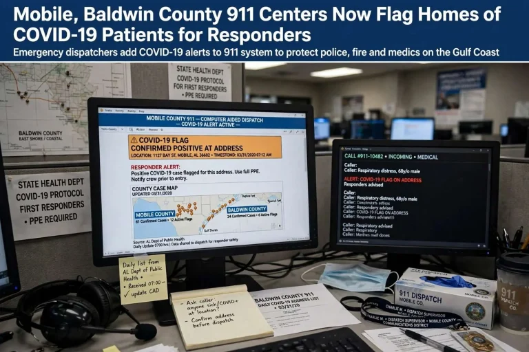 Illustration for the news story: Mobile, Baldwin County 911 Centers Now Flag Homes of COVID-19 Patients for Responders