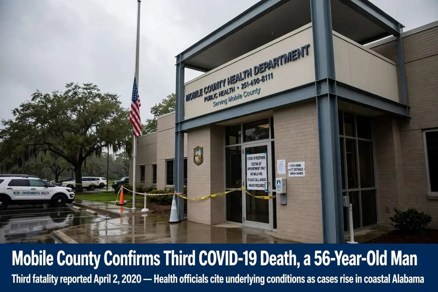 Illustration for the news story: Mobile County Confirms Third COVID-19 Death, a 56-Year-Old Man