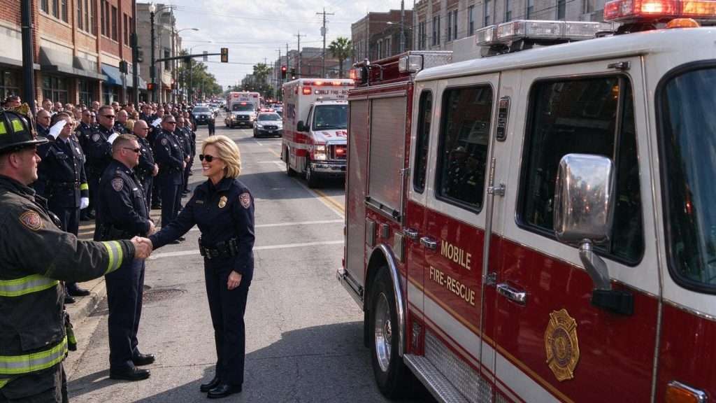 Illustration for the news story: Mobile Fire-Rescue Gives Trailblazing Chief LeAnn Tacon a Downtown Send-Off