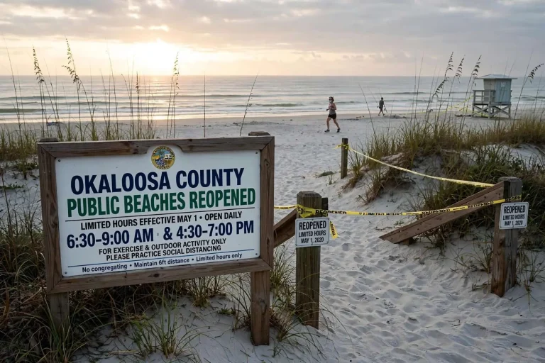 Illustration for the news story: Okaloosa County reopens public beaches as other counties weigh plans