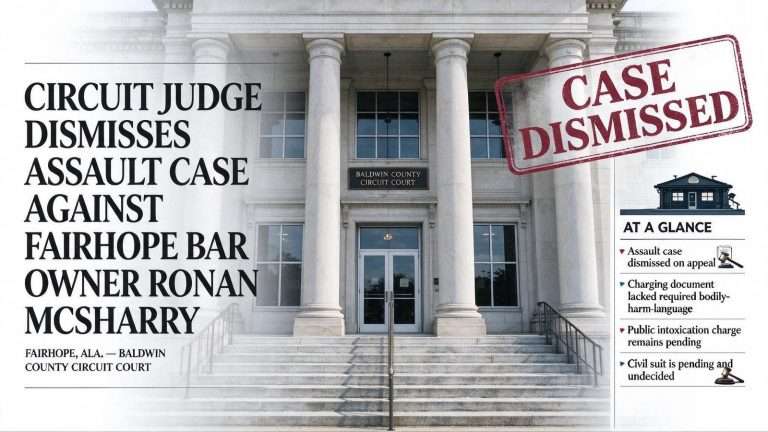 Illustration for the news story: Circuit Judge Dismisses Assault Case Against Fairhope Bar Owner Ronan McSharry