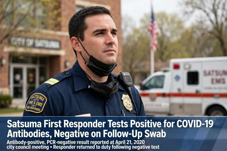 Illustration for the news story: Satsuma First Responder Tests Positive for COVID-19 Antibodies, Negative on Follow-Up Swab