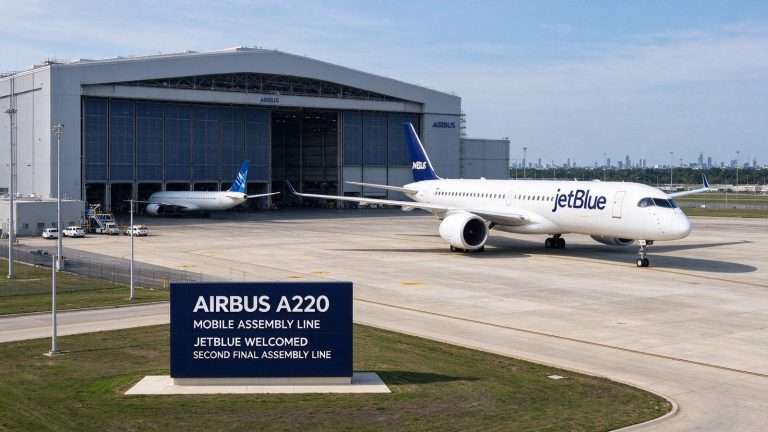 Illustration for the news story: Airbus Completes Second Mobile Assembly Line for A220 Jets, Adds JetBlue as Customer