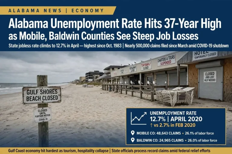 Illustration for the news story: Alabama Unemployment Rate Hits 37-Year High as Mobile, Baldwin Counties See Steep Job Losses