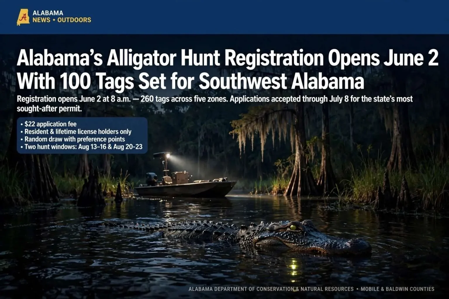 Illustration for the news story: Alabama’s Alligator Hunt Registration Opens June 2, With 100 Tags Set for Southwest Alabama