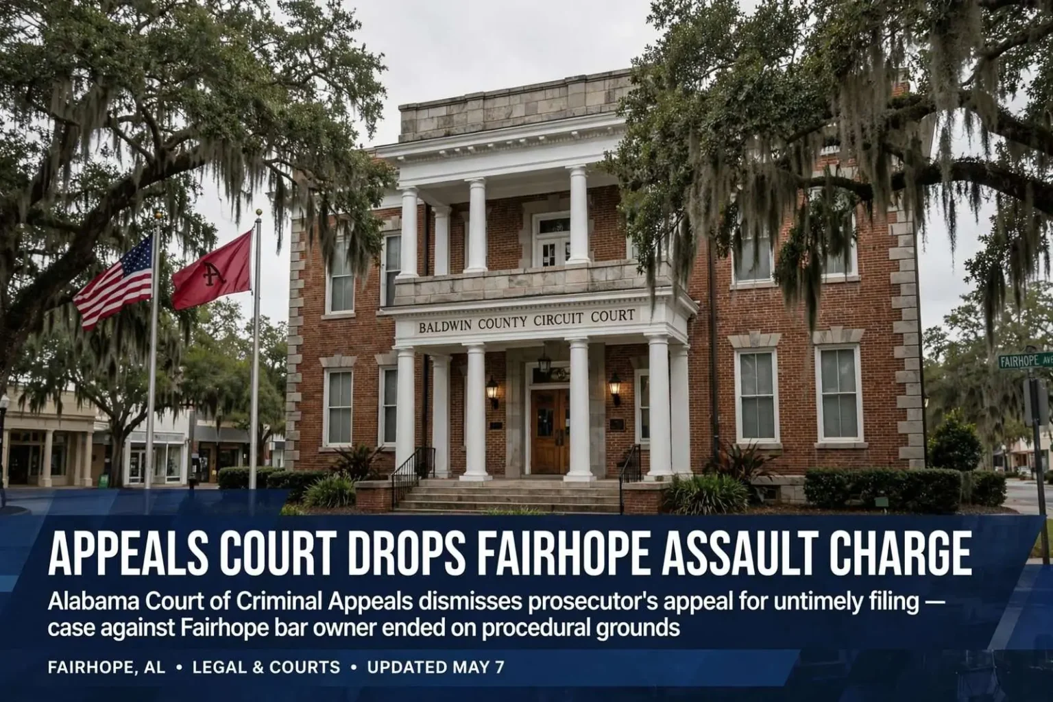 Illustration for the news story: Appeals Court Drops Fairhope Assault Charge After Prosecutor Misses Filing Deadline