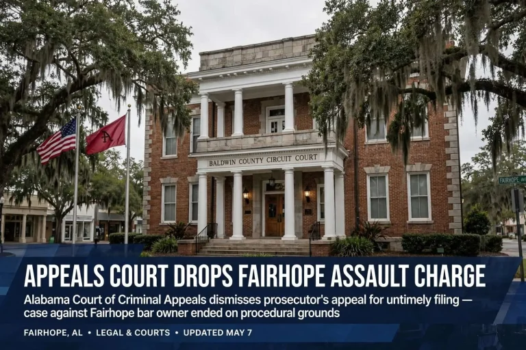 Illustration for the news story: Appeals Court Drops Fairhope Assault Charge After Prosecutor Misses Filing Deadline