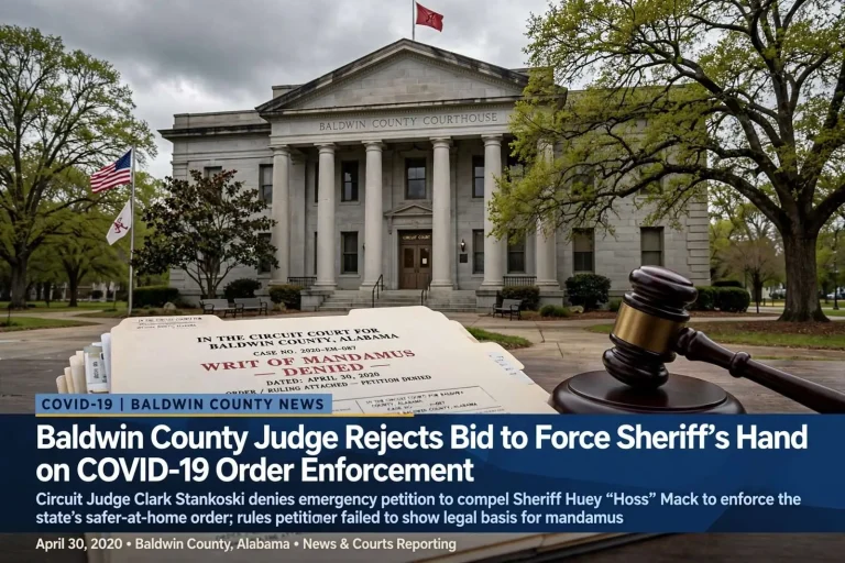 Illustration for the news story: Baldwin County Judge Rejects Bid to Force Sheriff’s Hand on COVID-19 Order Enforcement