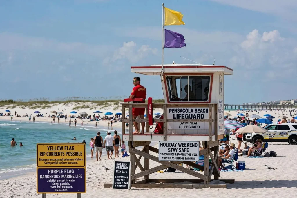 Illustration for the news story: Pensacola Beach adds lifeguards, warns of hazards for busy Memorial Day weekend