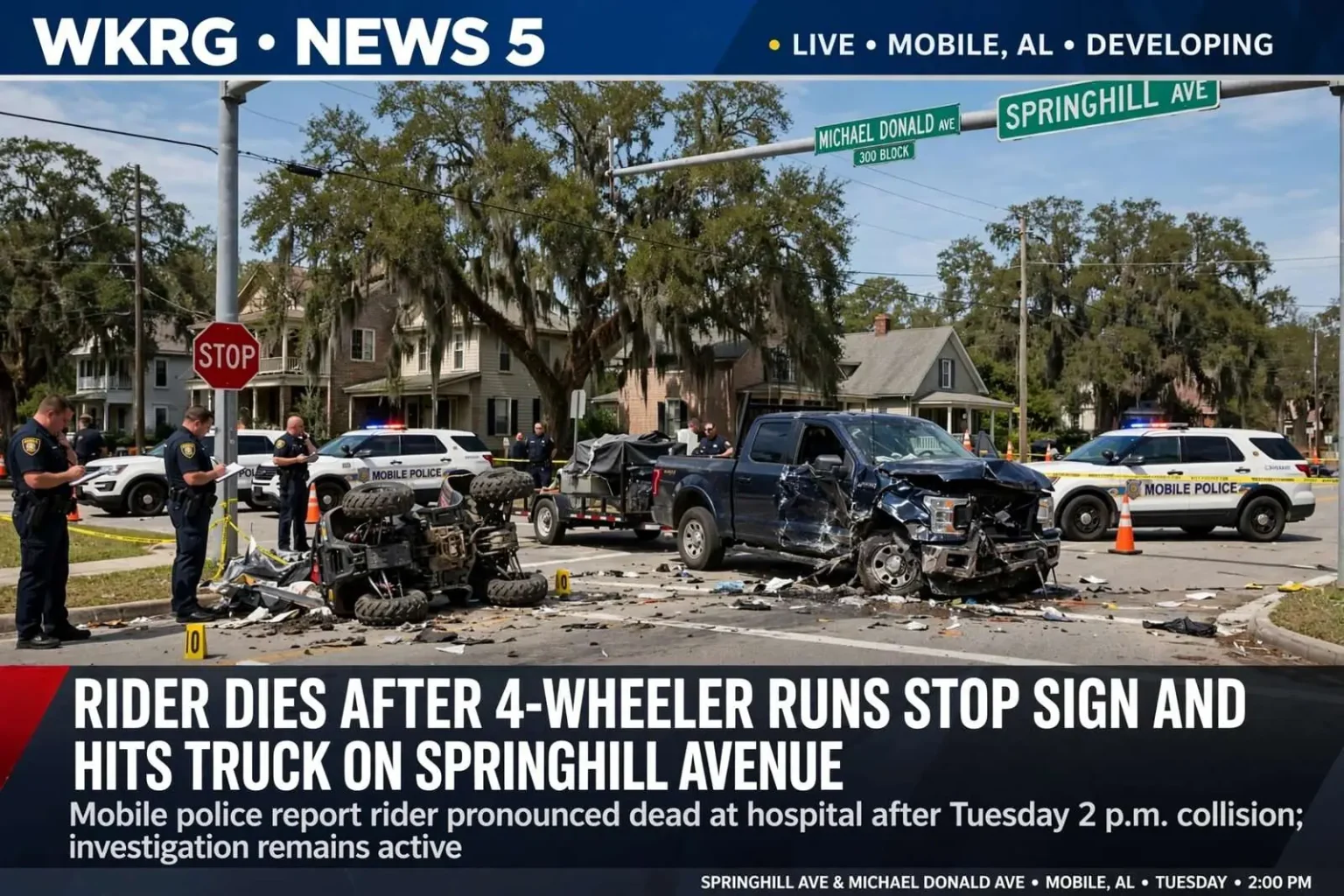 Illustration for the news story: Rider Dies After 4-Wheeler Runs Stop Sign and Hits Truck on Springhill Avenue