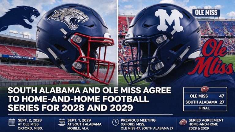 Illustration for the news story: South Alabama and Ole Miss Agree to Home-and-Home Football Series for 2028 and 2029
