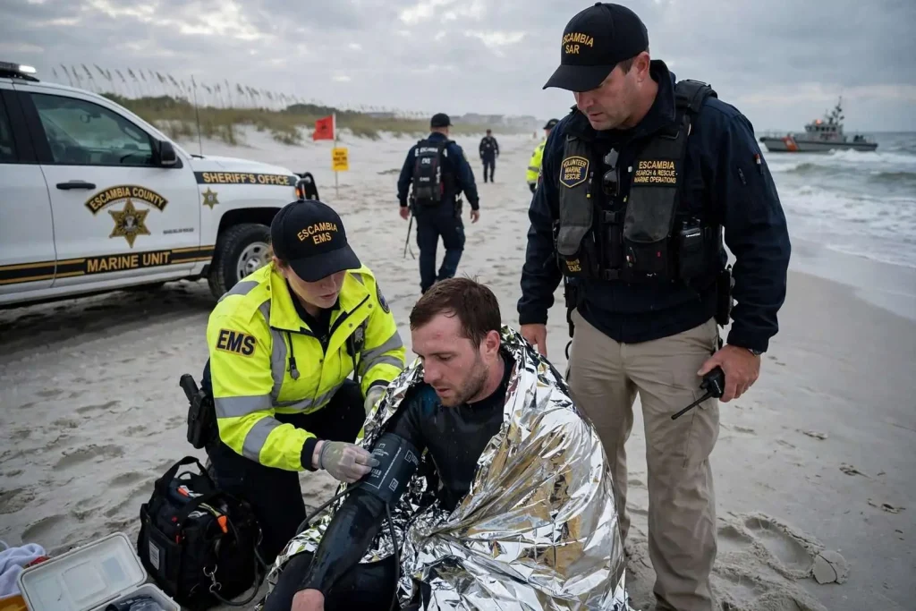 Illustration for the news story: Swimmer found safe on Escambia County beach after five hours in the water