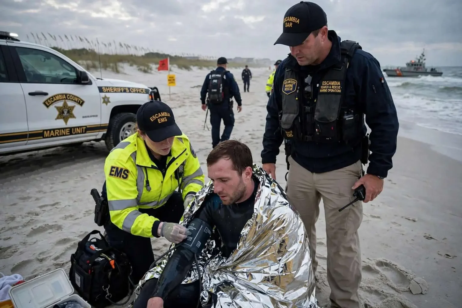 Illustration for the news story: Swimmer found safe on Escambia County beach after five hours in the water