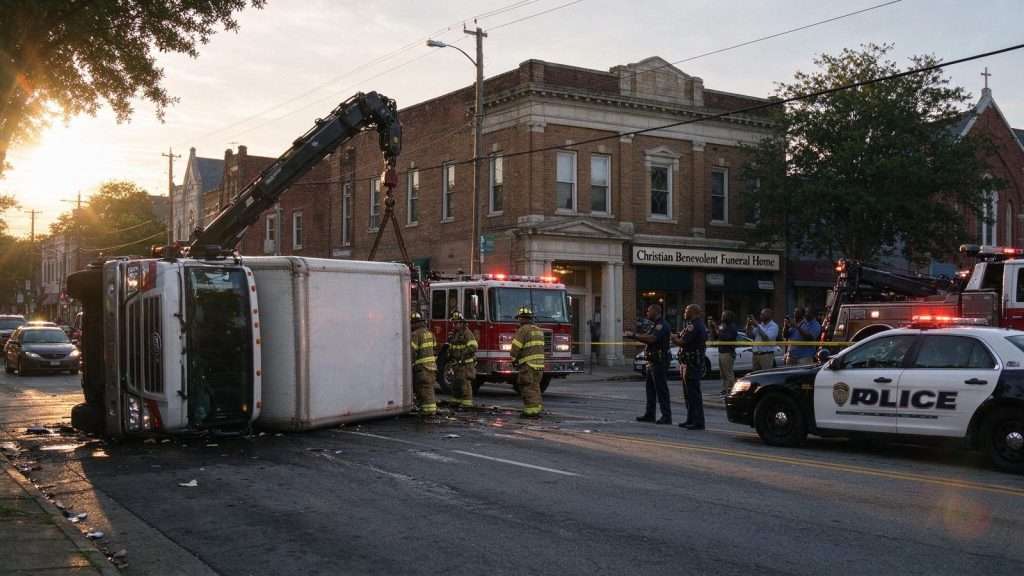 Illustration for the news story: Truck overturns in front of funeral home on Hamilton Street in Mobile