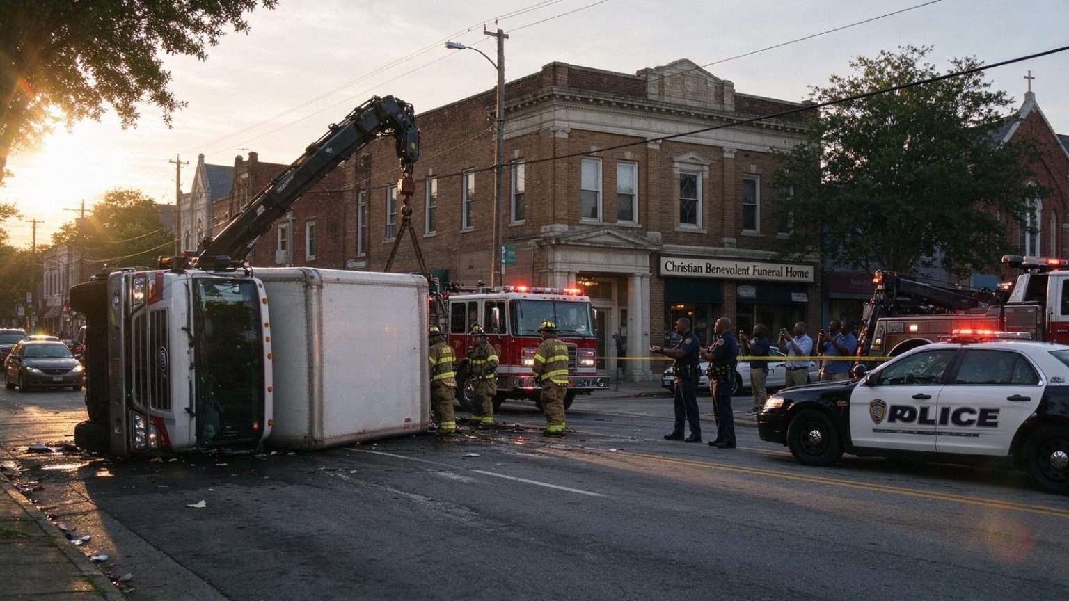 Illustration for the news story: Truck overturns in front of funeral home on Hamilton Street in Mobile