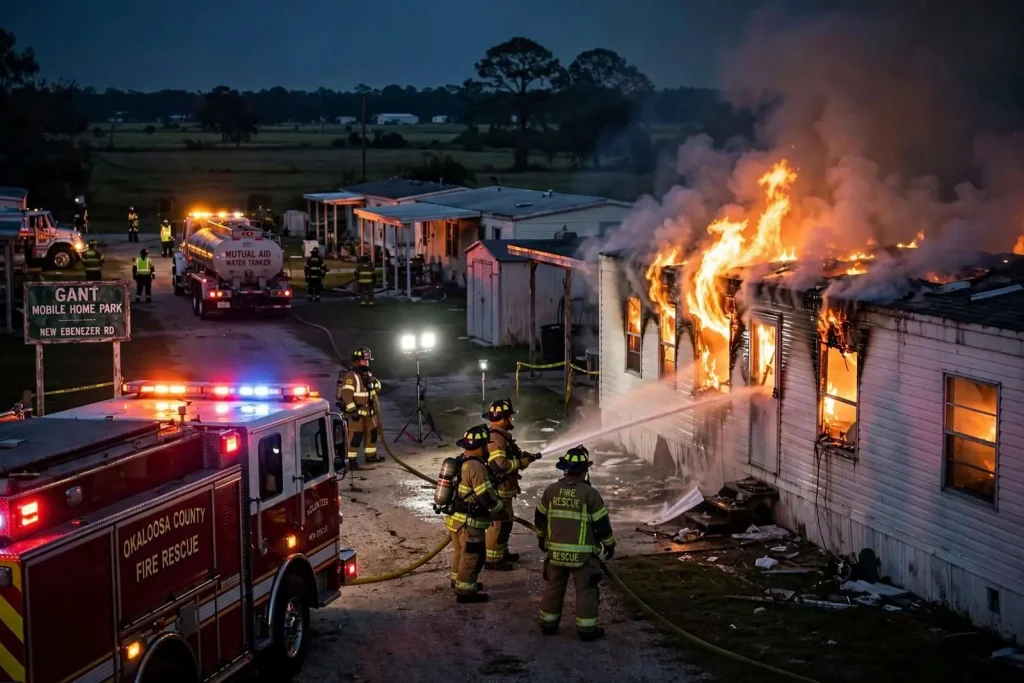 Illustration for the news story: Crews Battle Early-Morning Fire at Laurel Hill Mobile Home Park