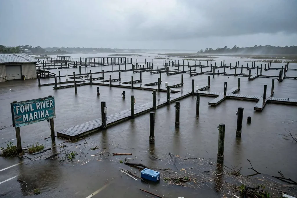 Illustration for the news story: Cristobal’s Storm Surge Floods Fowl River Marina Pier