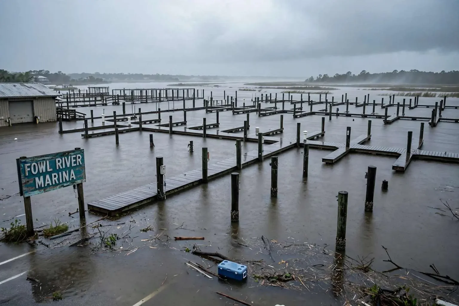 Illustration for the news story: Cristobal’s Storm Surge Floods Fowl River Marina Pier