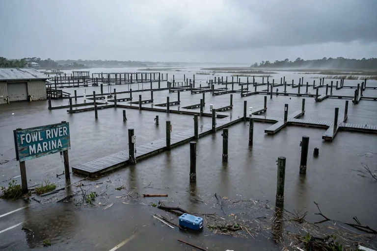 Illustration for the news story: Cristobal’s Storm Surge Floods Fowl River Marina Pier