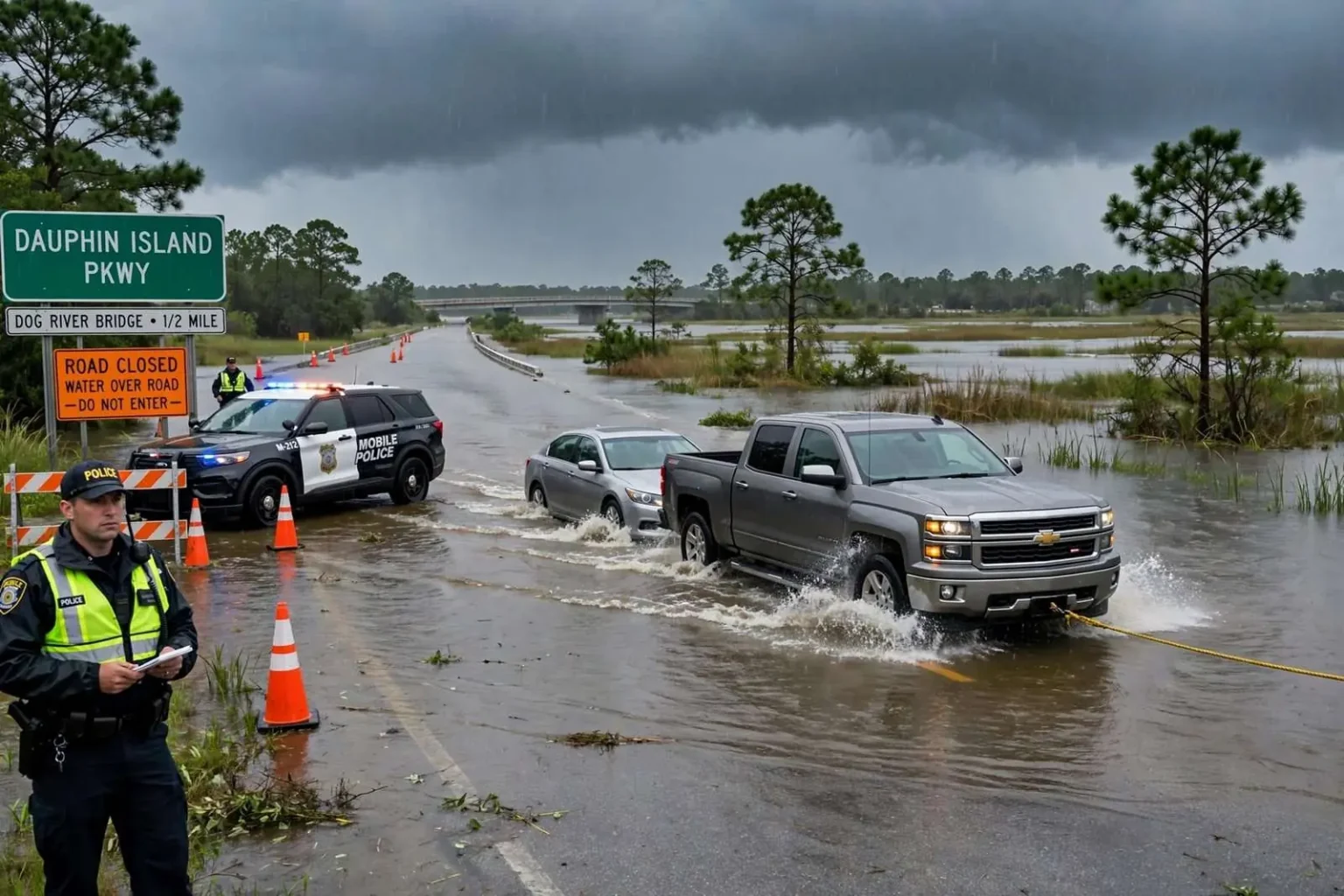 Illustration for the news story: Dauphin Island Parkway Floods at Dog River Bridge