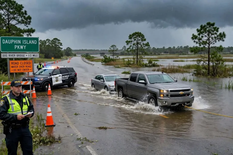 Illustration for the news story: Dauphin Island Parkway Floods at Dog River Bridge