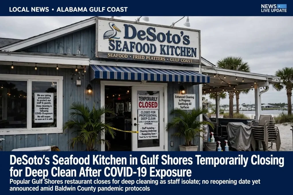 Illustration for the news story: DeSoto’s Seafood Kitchen in Gulf Shores temporarily closing for deep clean after COVID-19 exposure