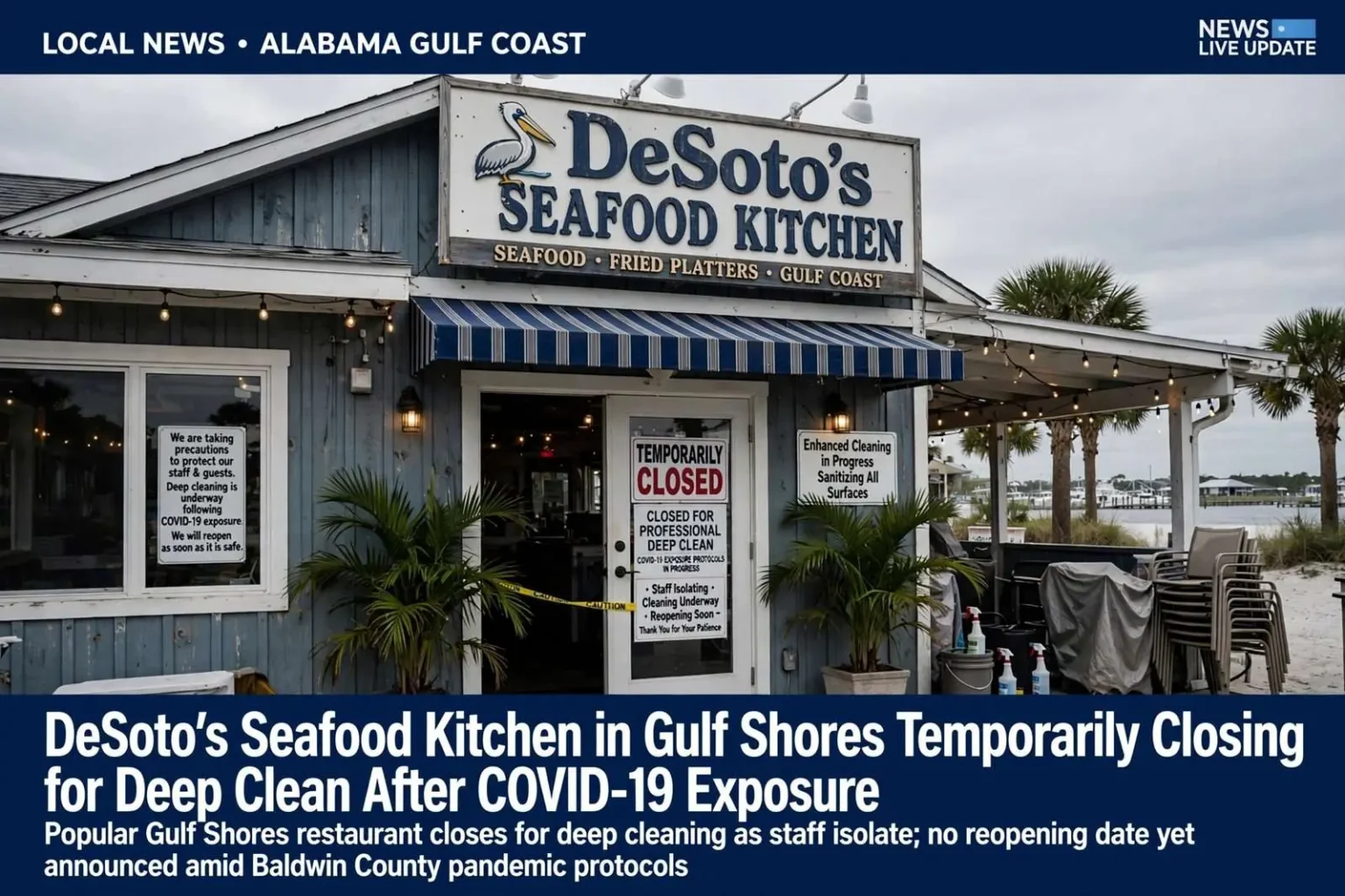 Illustration for the news story: DeSoto’s Seafood Kitchen in Gulf Shores temporarily closing for deep clean after COVID-19 exposure