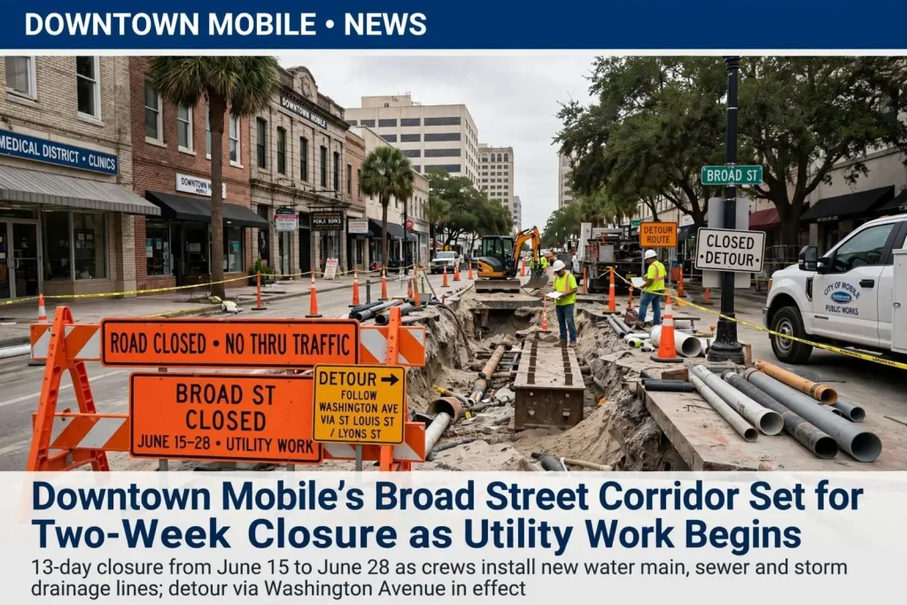 Illustration for the news story: Downtown Mobile’s Broad Street Corridor Set for Two-Week Closure as Utility Work Begins