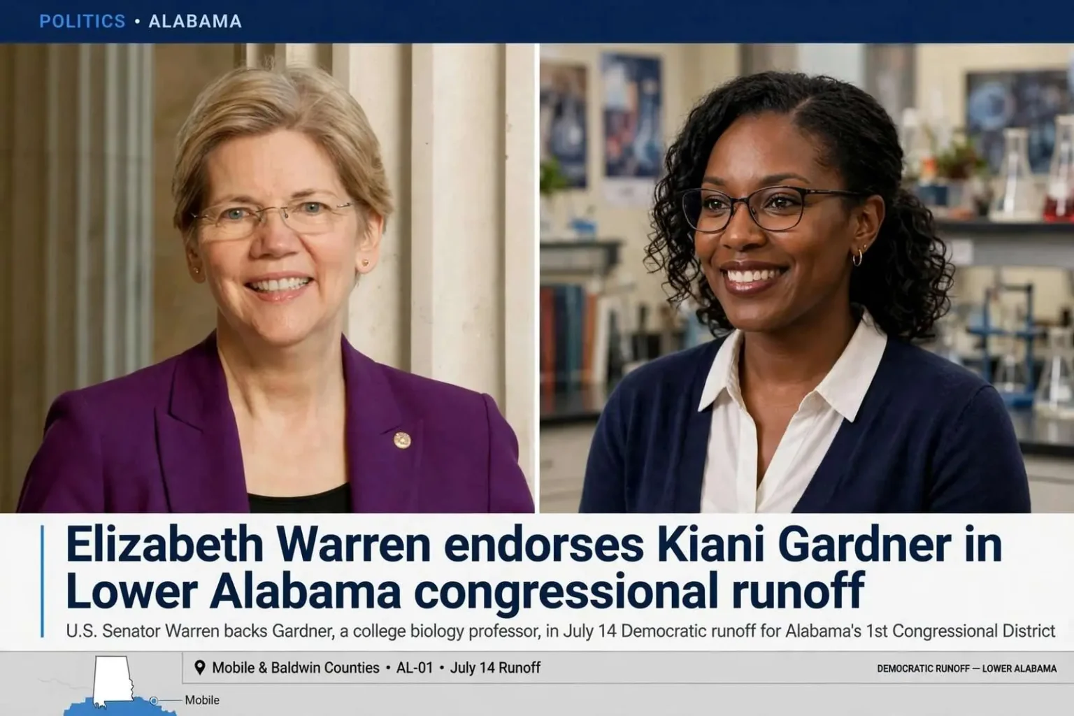 Illustration for the news story: Elizabeth Warren endorses Kiani Gardner in Lower Alabama congressional runoff