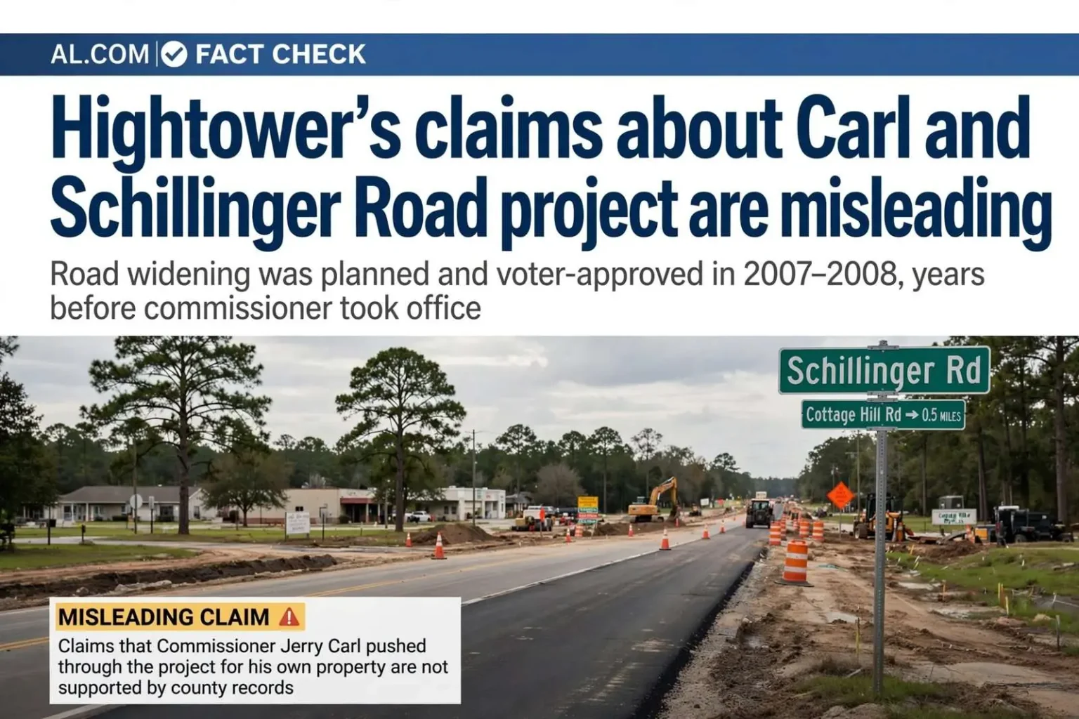 Illustration for the news story: Fact check: Hightower’s claims about Carl and Schillinger Road project are misleading