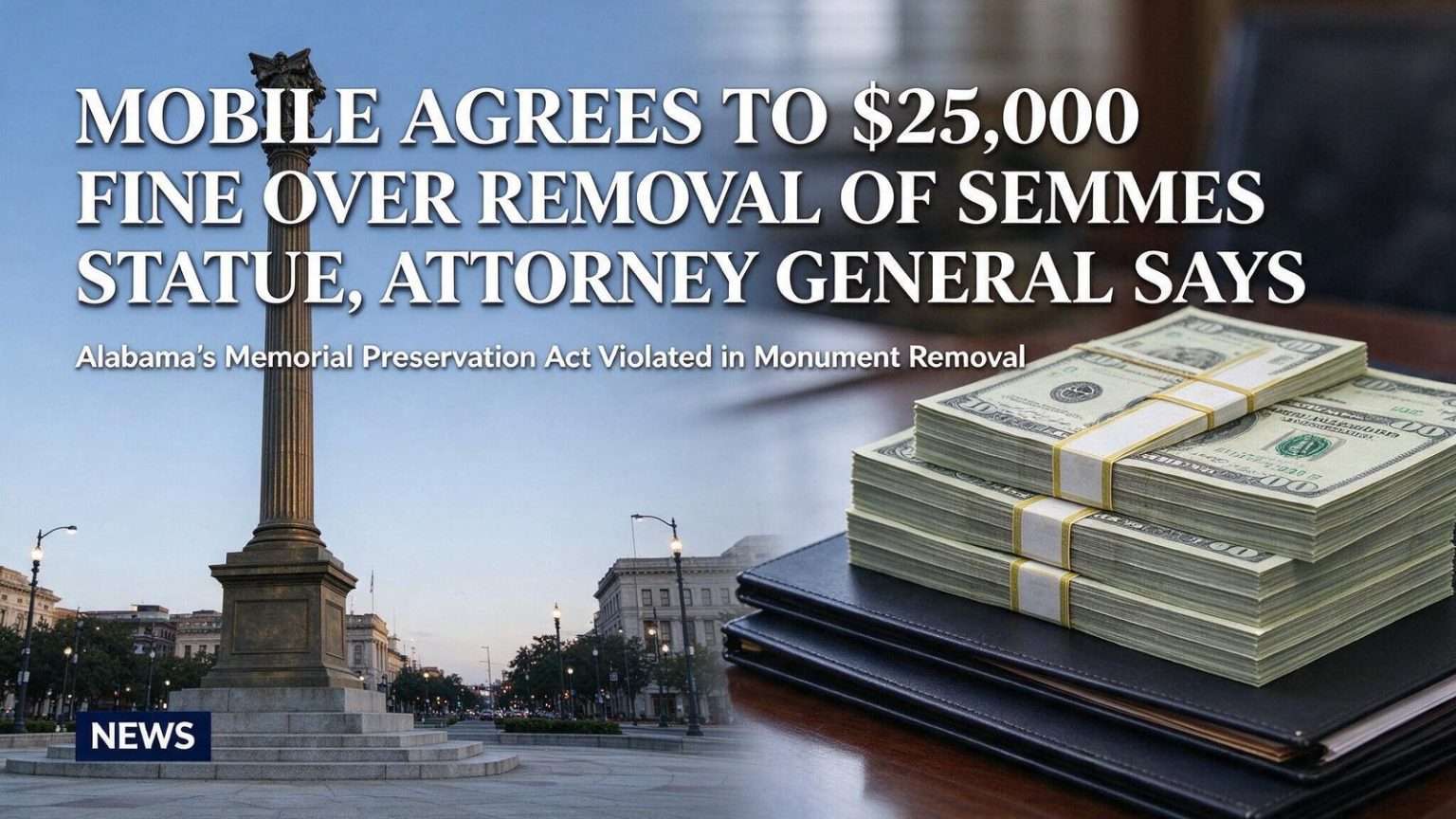 Illustration for the news story: Mobile Agrees to $25,000 Fine Over Removal of Semmes Statue, Attorney General Says