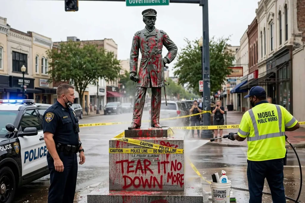 Illustration for the news story: Mobile Police Arrest, Charge Man in Vandalism of Admiral Raphael Semmes Statue