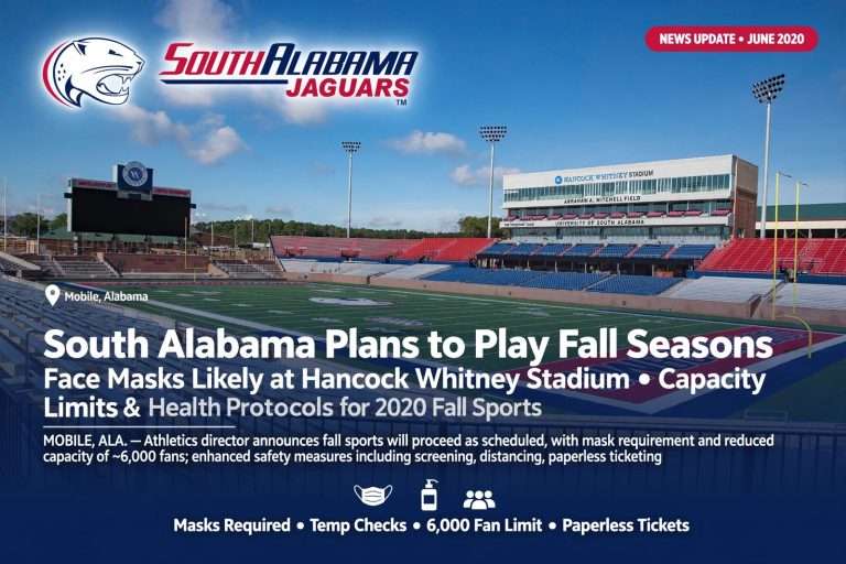 Illustration for the news story: Joel Erdmann: South Alabama Plans to Play Fall Seasons, Face Masks Likely at Hancock Whitney Stadium