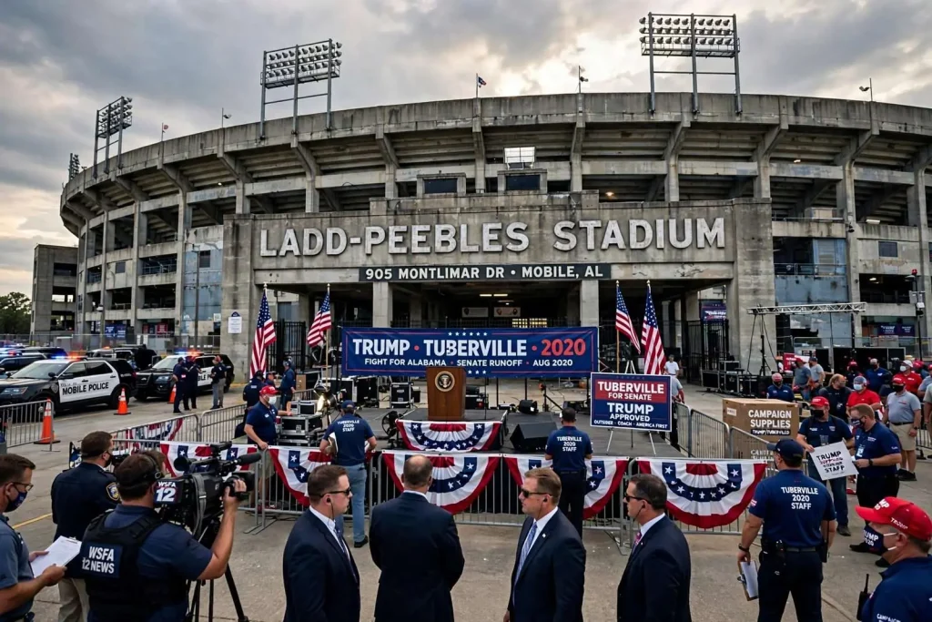 Illustration for the news story: Speculation Builds Over Possible Trump Rally for Tuberville at Ladd-Peebles