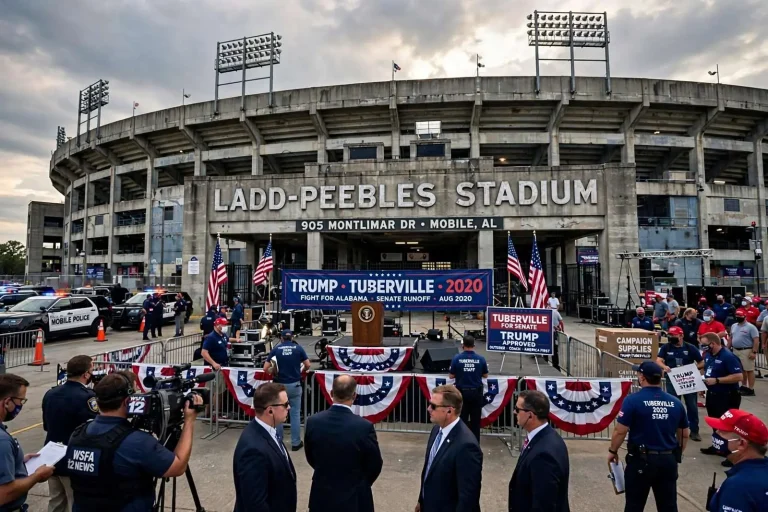 Illustration for the news story: Speculation Builds Over Possible Trump Rally for Tuberville at Ladd-Peebles