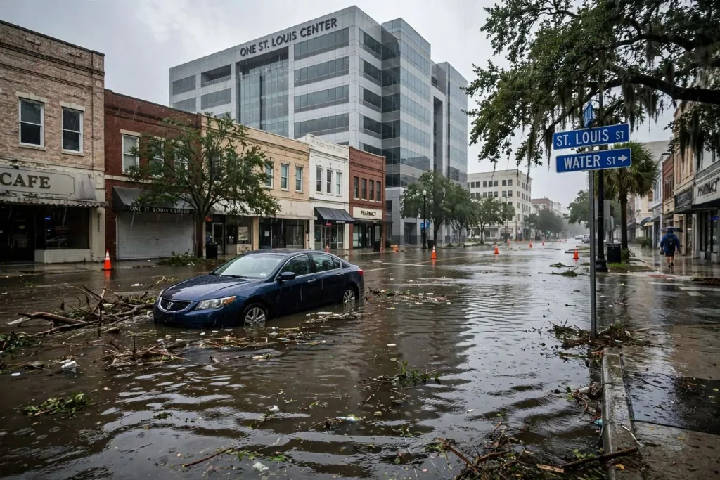 Illustration for the news story: Tropical Storm Cristobal Floods Downtown Mobile Streets, Stranding Drivers