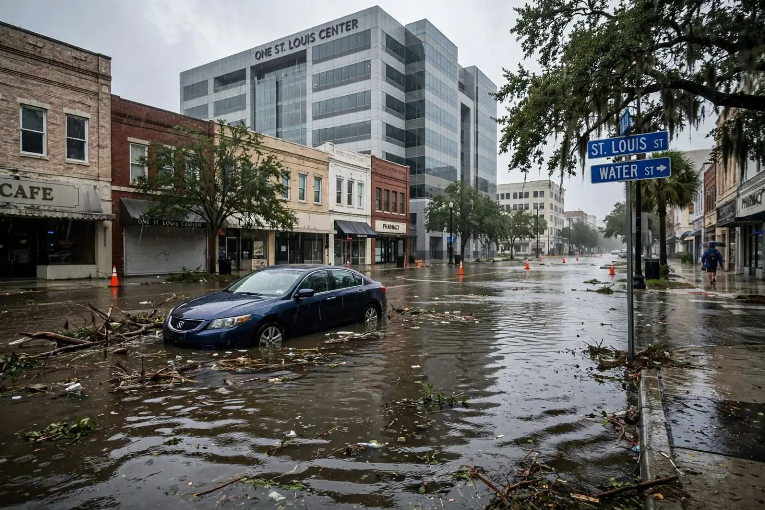 Illustration for the news story: Tropical Storm Cristobal Floods Downtown Mobile Streets, Stranding Drivers